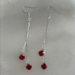 Elegant Sterling Silver and Red CZ Dangle Tassel Earrings